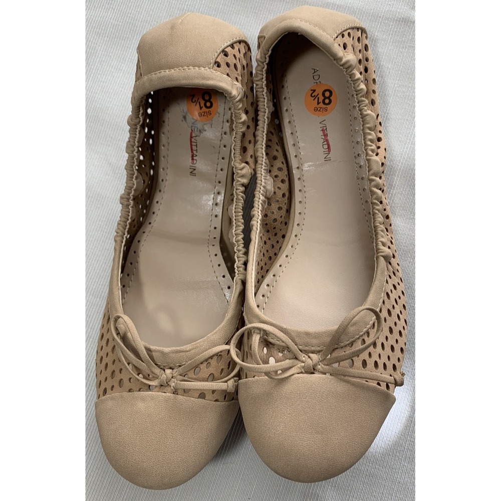 Adrienne Vittadini  Midas Ruched Beige Laser Cut Bow Ballet Flats  8.5